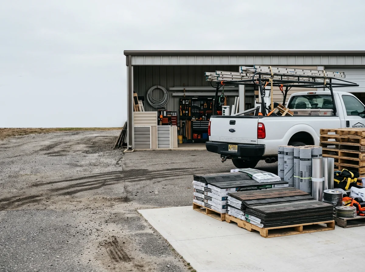 Professional roofing crew with tools and equipment on a residential roof installation site.
