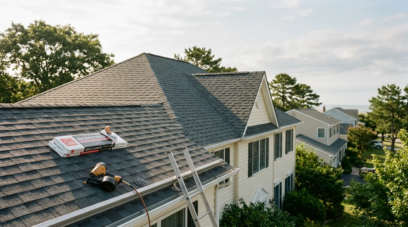 Roofer installing shingles on a residential roof in Absecon