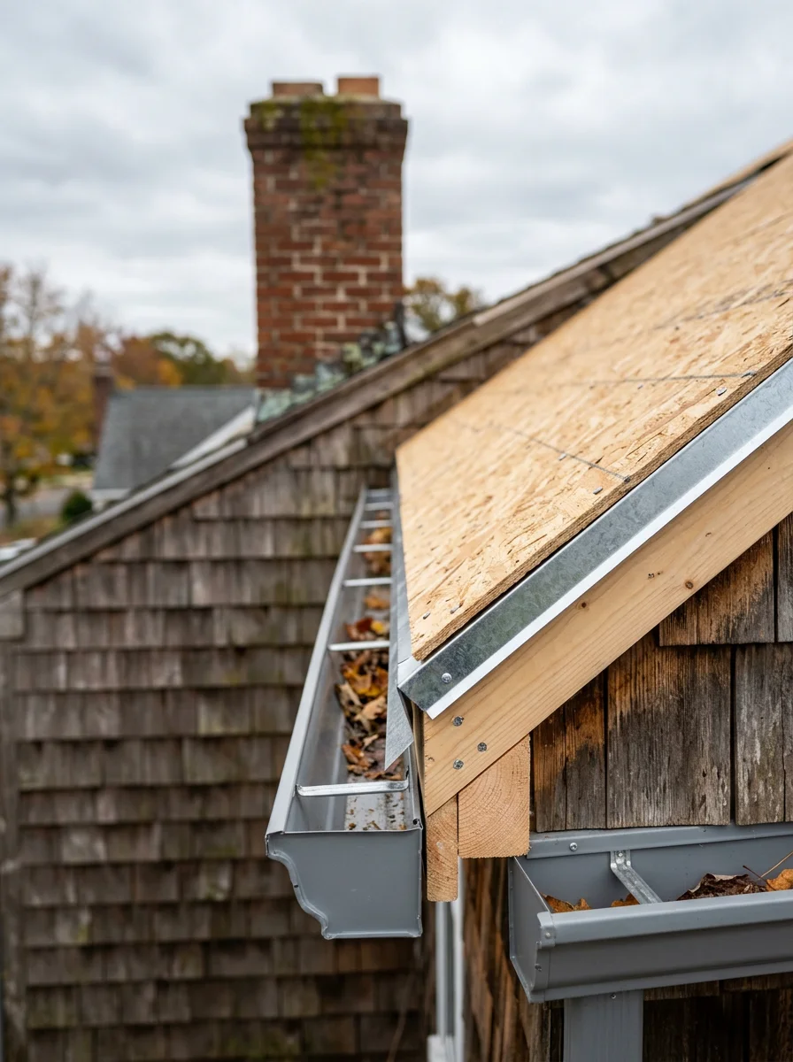 Close-up of a roofing crew installing shingles on a pre-1980 colonial home in Absecon, NJ, showing fresh decking and new drip edge along the eave.