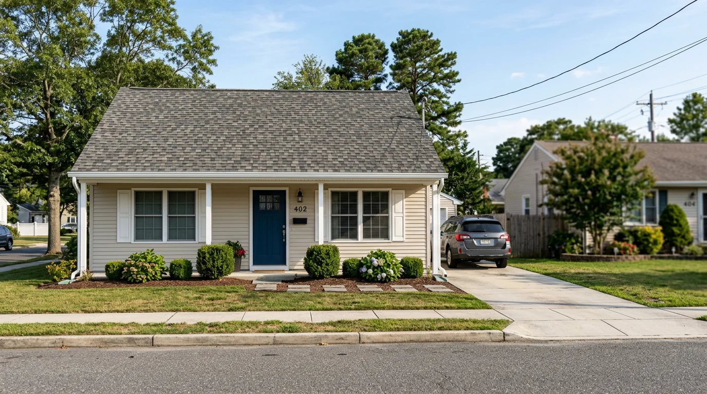 A single-family ranch home in Absecon, NJ with a newly installed architectural shingle roof and seamless gutters, photographed from the street on a clear day.
