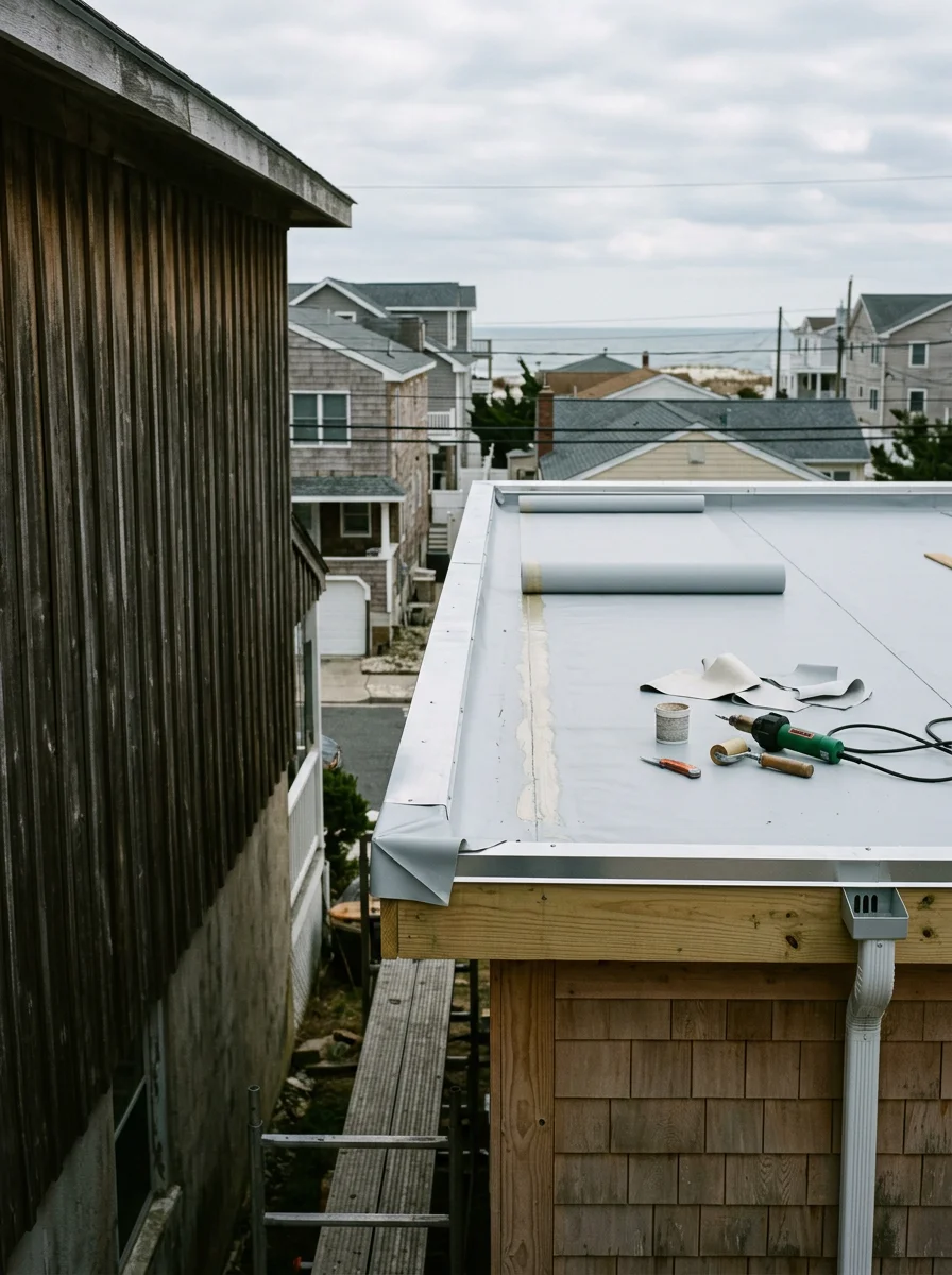 Flat roof membrane installation on an Atlantic City, NJ residential addition, showing proper edge termination and drainage slope on a low-slope coastal structure.