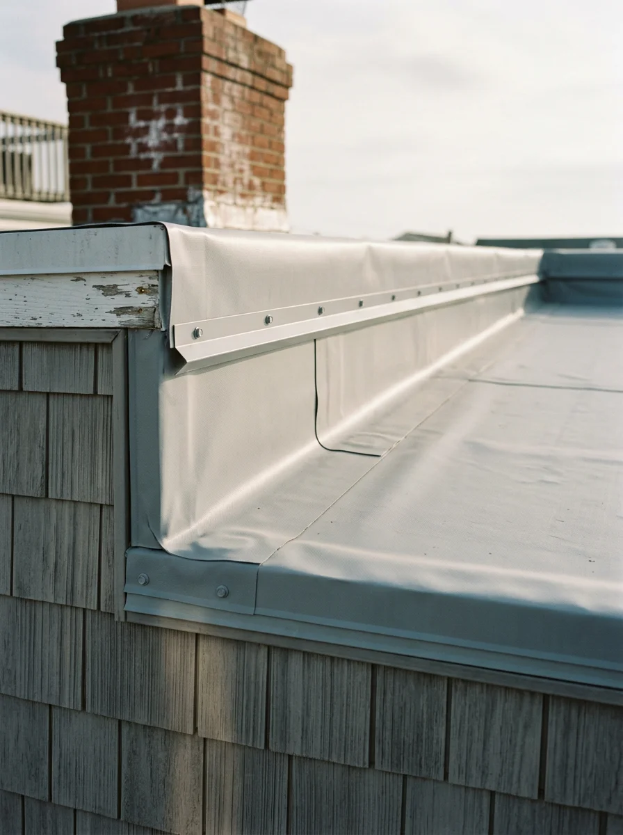 Close-up of new flat roof membrane installation on a Brigantine, NJ duplex, showing proper edge termination and drainage slope on a coastal barrier island property.