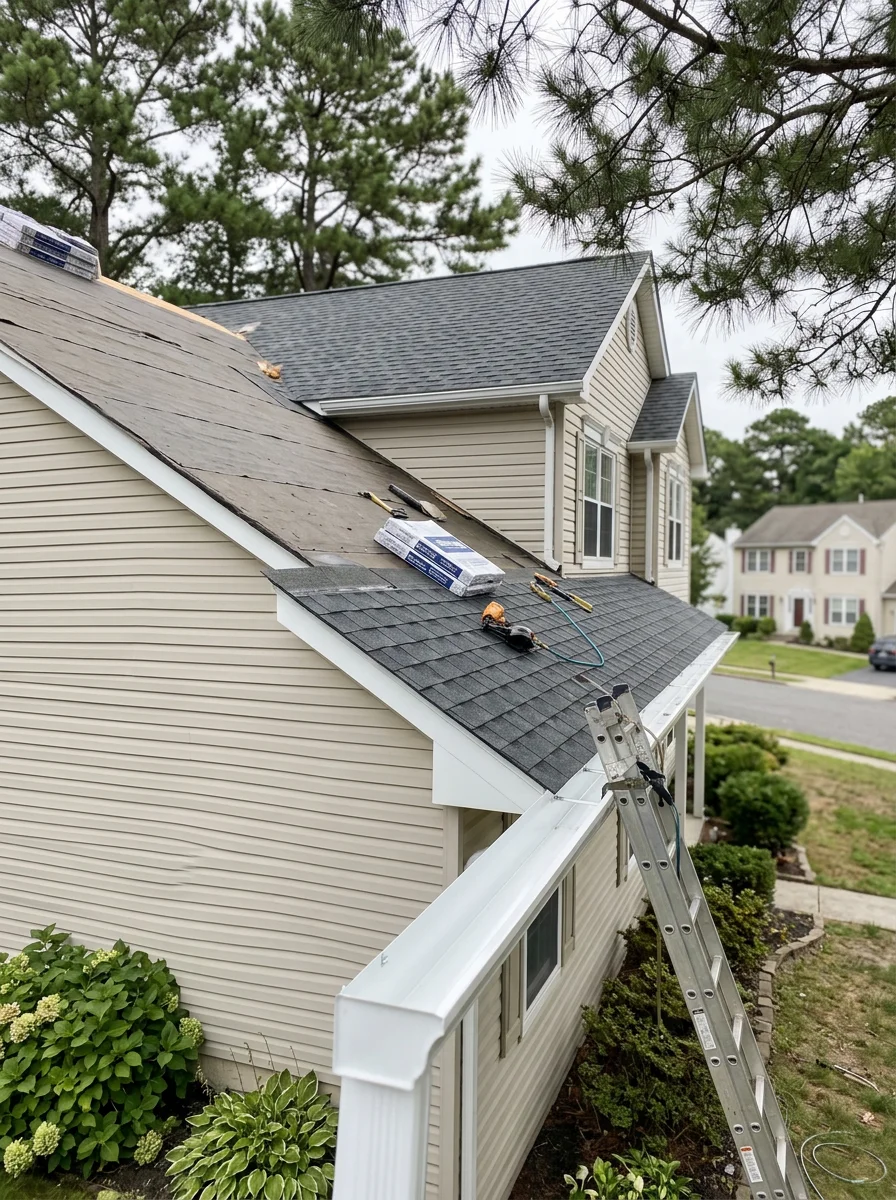 Roofing crew replacing shingles on a colonial home in a Galloway, NJ subdivision, with pine canopy visible overhead and new gutters installed along the eave.