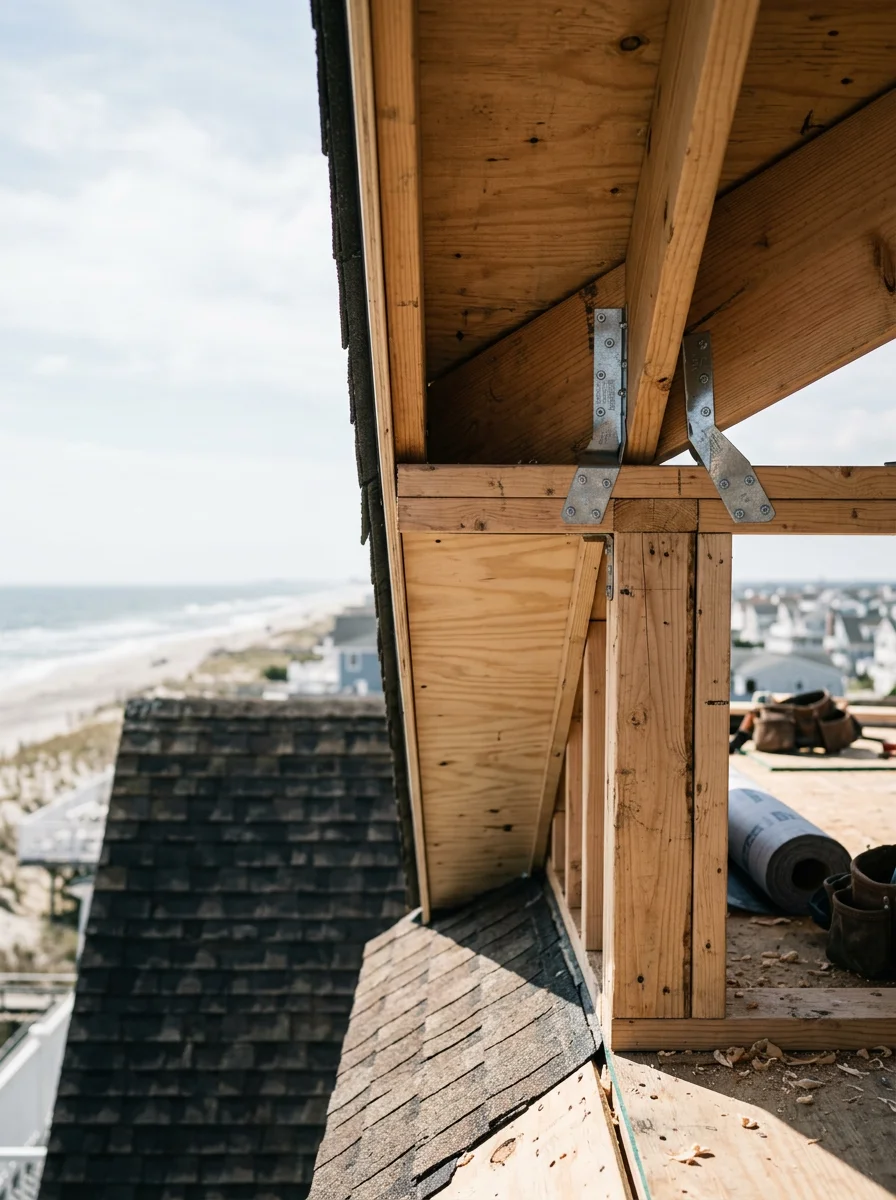 Roofing crew inspecting soffit framing and hurricane clips on a Margate, NJ beach home during a roof replacement, with the Atlantic Ocean visible from the rooftop.