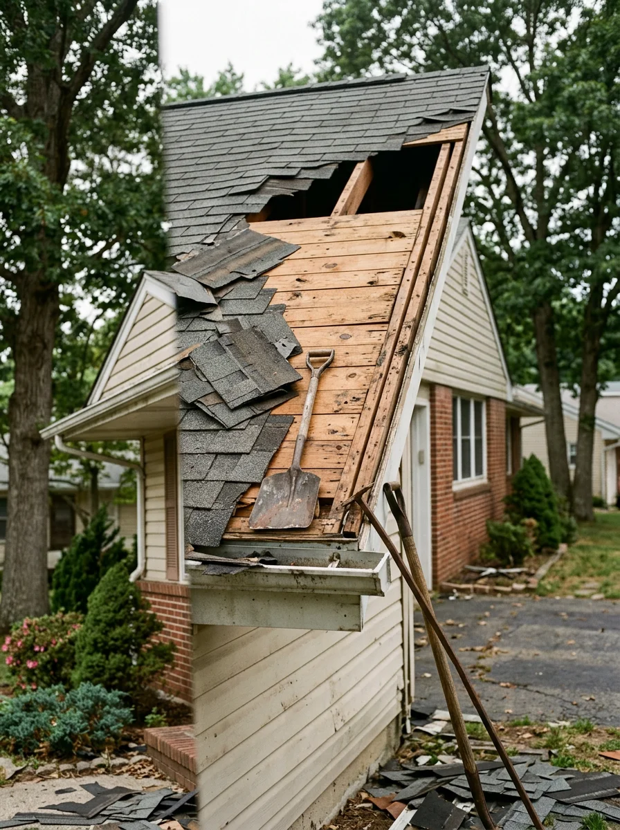 Roofing crew removing old shingles from a mid-century ranch home in Pleasantville, NJ, exposing the original decking for inspection before a full roof replacement.