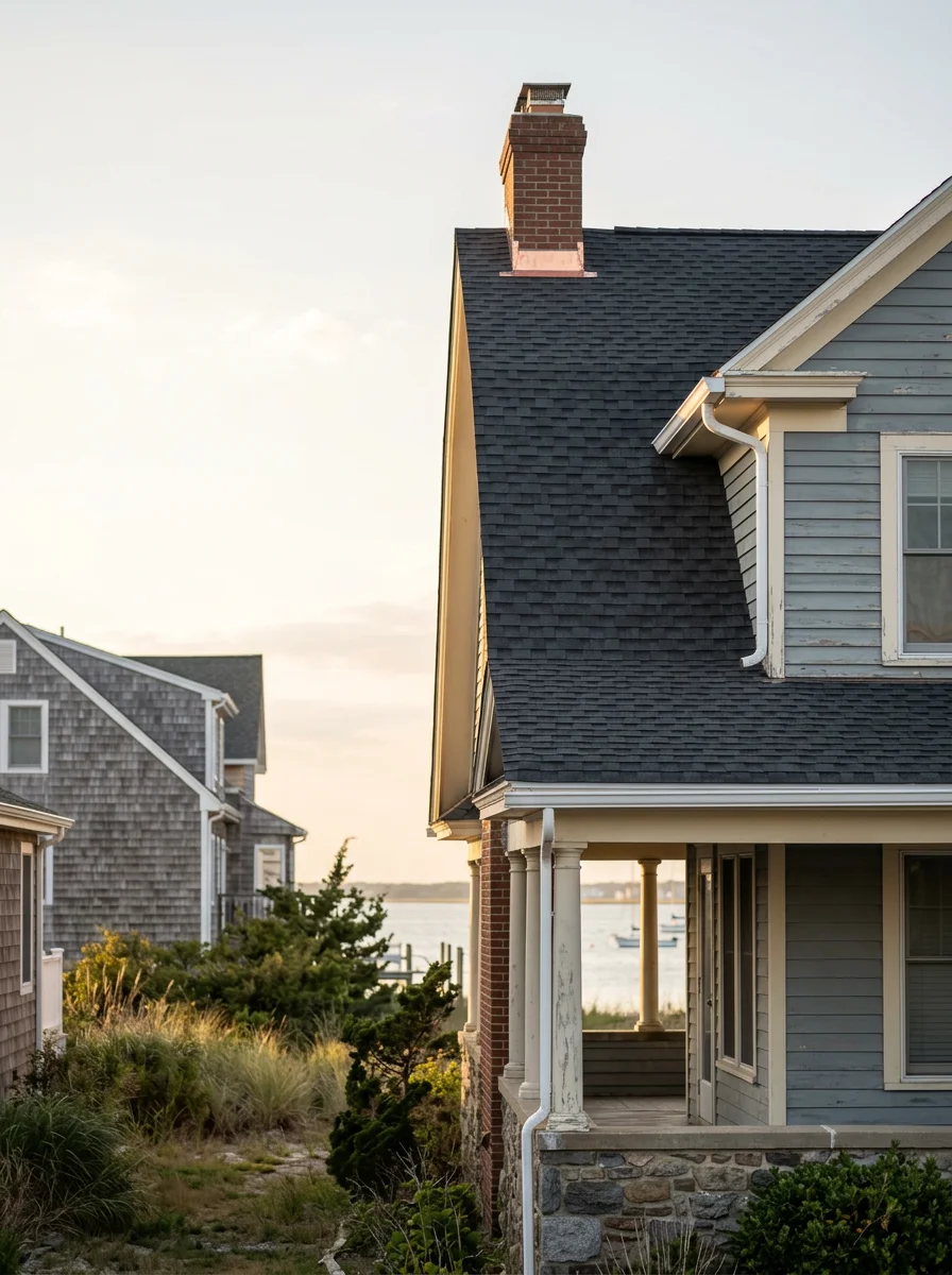 Roofing crew replacing shingles on a bayfront home in Somers Point, NJ, with new corrosion-resistant flashing installed at the chimney and new gutters along the eave.