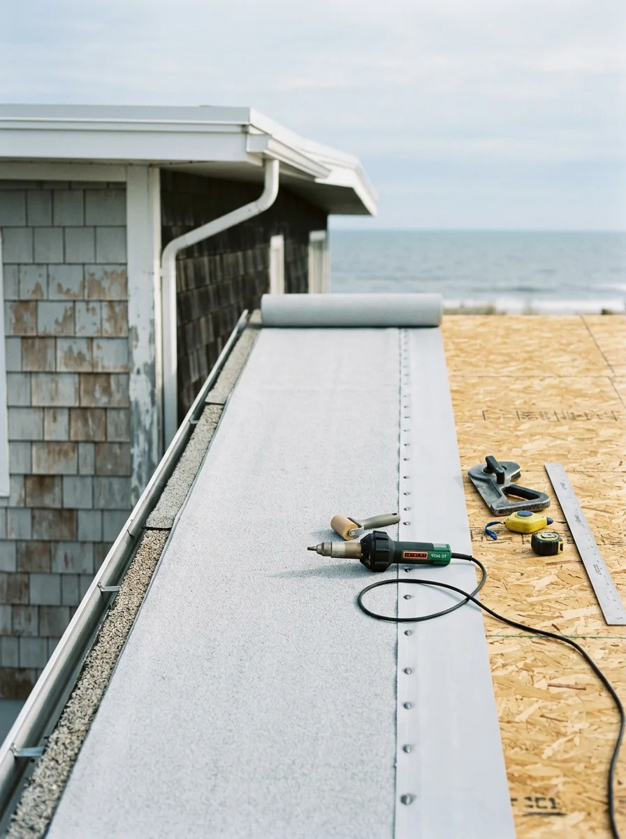 Roofing crew working on a flat roof addition on a Ventnor City, NJ home, installing membrane roofing material with the Atlantic Ocean visible in the background.
