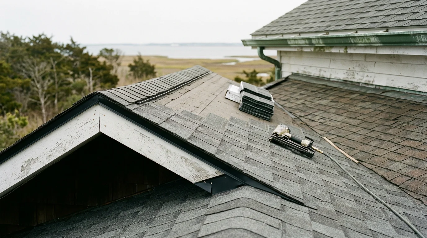 A completed asphalt shingle roof replacement on a single-family home in Absecon, New Jersey, with clean ridge lines and new flashing visible against a coastal sky. The finished roof shows uniform shingle courses across the full deck of a traditional residential property.