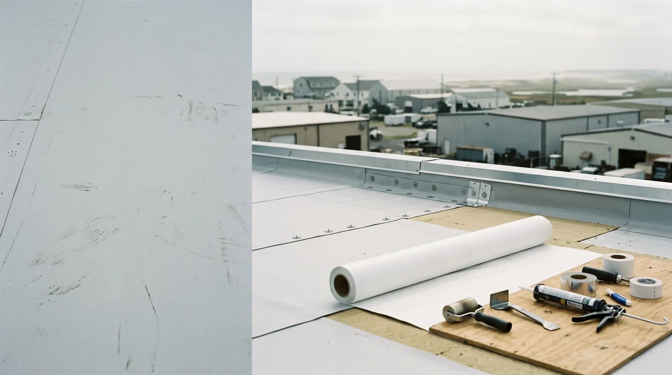 A commercial flat roof on a South Jersey business building showing a freshly installed membrane system in Absecon, NJ. The surrounding Atlantic County coastal landscape is visible in the background.