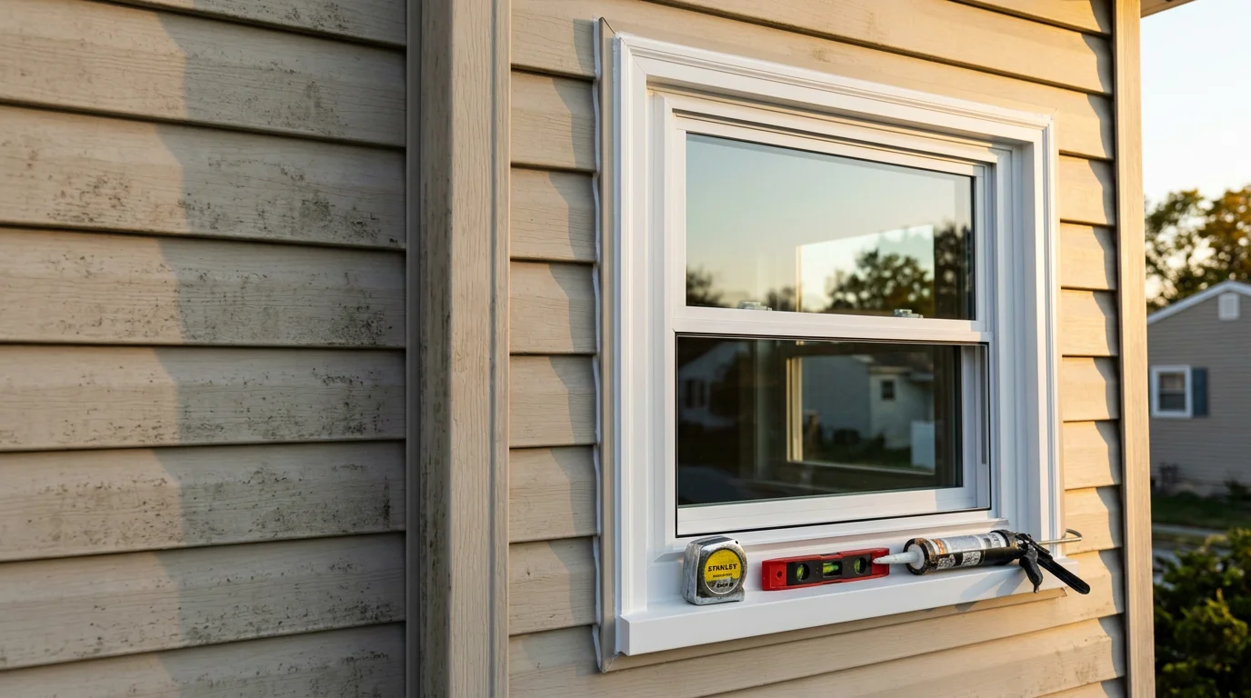 A freshly installed custom window on a coastal-style residential home in Absecon, New Jersey, with clean trim lines and a tight seal against the exterior siding. The window opening is precisely fitted with no visible gaps, reflecting the salt-air-resistant installation approach used throughout Atlantic County.