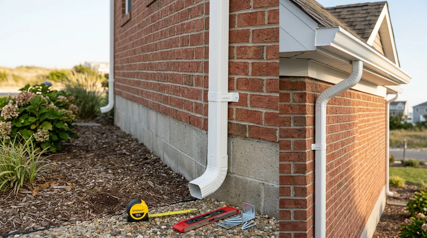 A newly installed downspout on the corner of a residential home in Absecon, New Jersey, directing roof runoff away from the foundation toward the yard. The downspout is secured flush against the siding with the outlet angled away from the home's base.