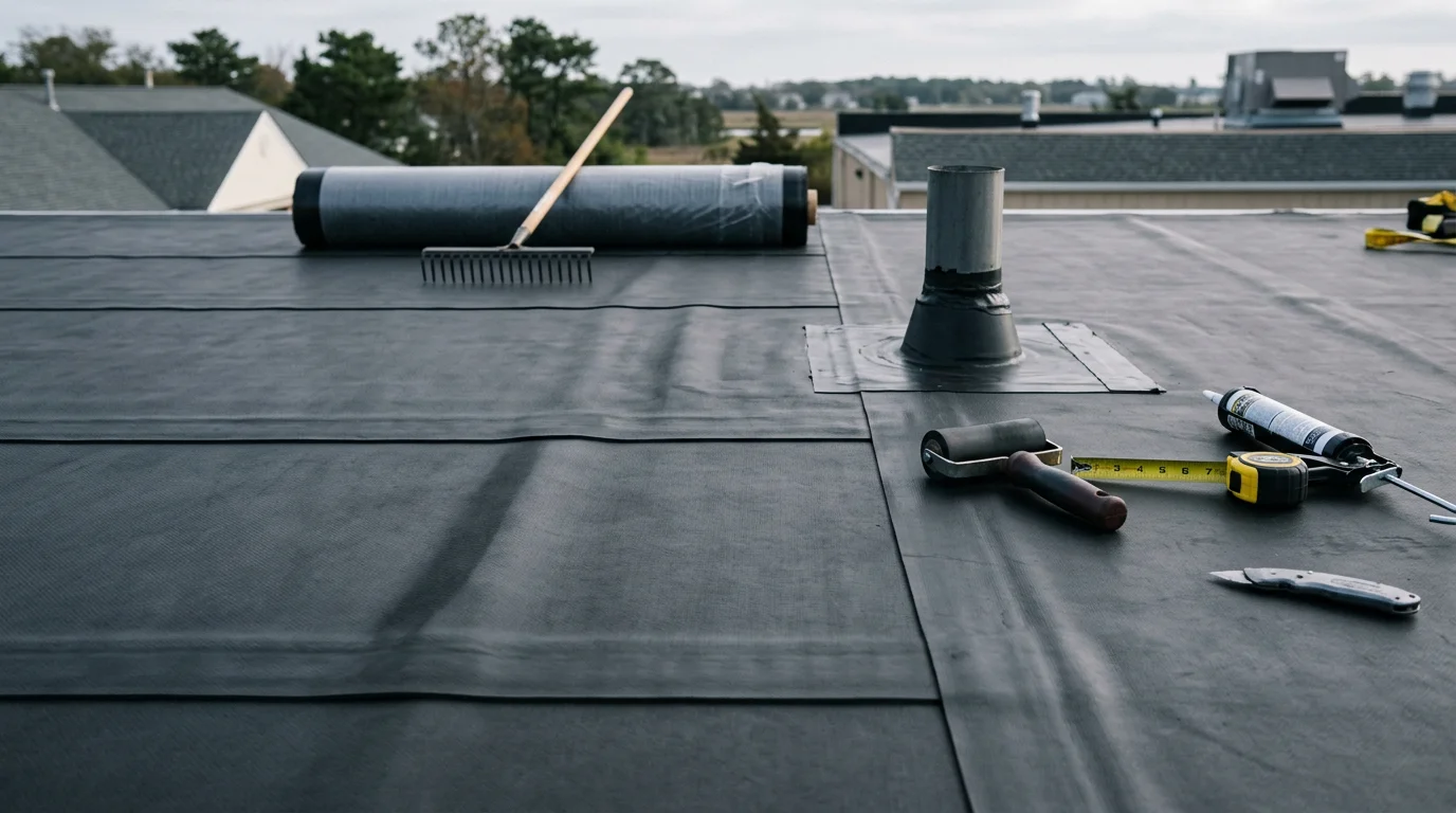 Close-up view of a black EPDM rubber membrane installed on a flat residential roof in Absecon, New Jersey, showing sealed seams and flashing detail along the roof edge.