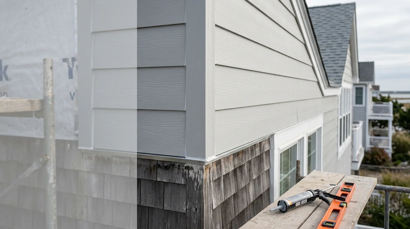 A residential home in Absecon, NJ with freshly installed exterior cladding covering the full front and side walls. The completed installation shows clean, even panel lines with sealed edges suited to the coastal Atlantic County climate.