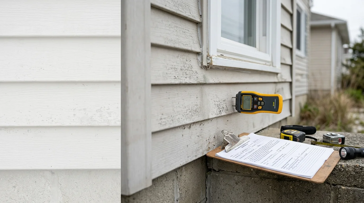 A Rossetti Roofing contractor closely examining exterior siding panels and window flashing on a residential home in Absecon, New Jersey. The inspection focuses on seam integrity and trim condition on a coastal Atlantic County property.