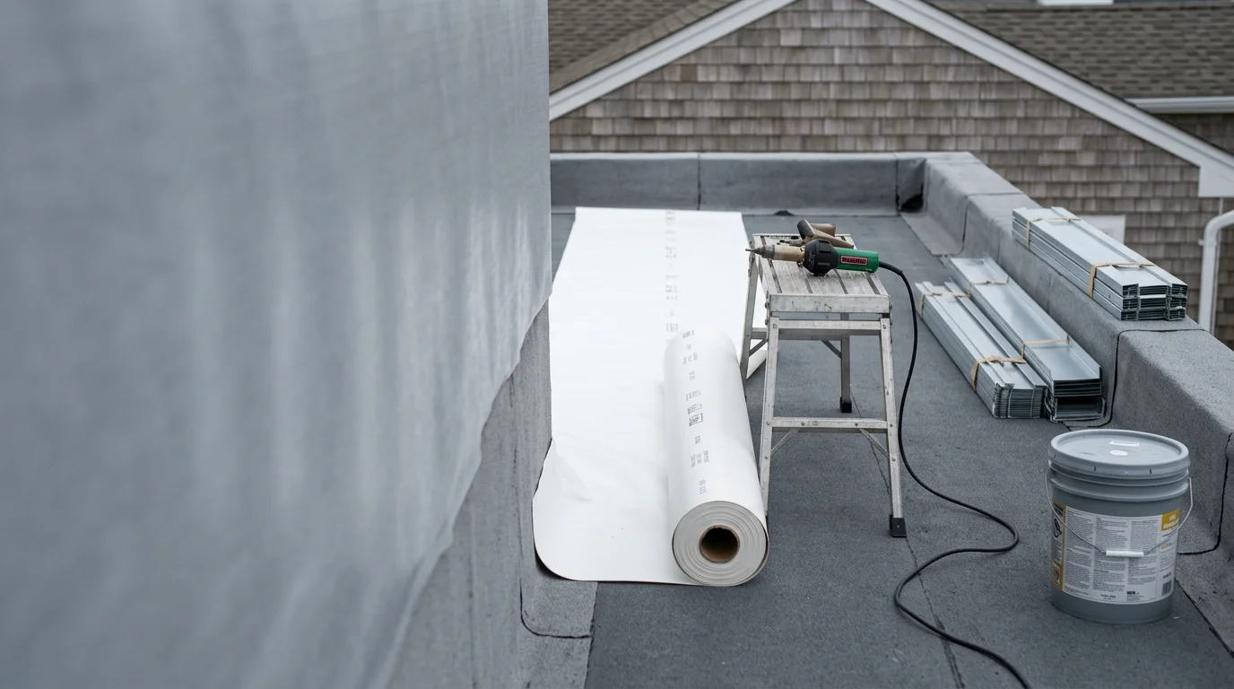 Completed flat roof installation on a residential property in Absecon, NJ, showing a smooth low-slope membrane surface with clean edge termination. Atlantic County coastal neighborhood visible in the background.
