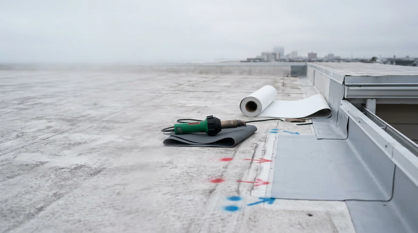 A flat roof on a residential property in Absecon, New Jersey, showing a clean membrane surface with proper edge termination and drainage points. The image reflects completed flat roof work in an Atlantic County coastal setting.