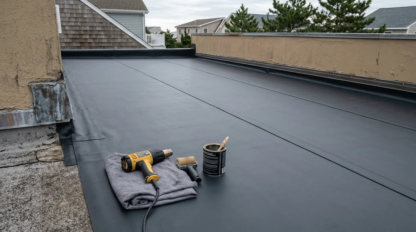 A completed flat rubber membrane roof on a residential property in Absecon, NJ, showing a smooth, seamless surface with clean edge termination. The roof covers a low-slope addition with no visible seams or pooling areas.