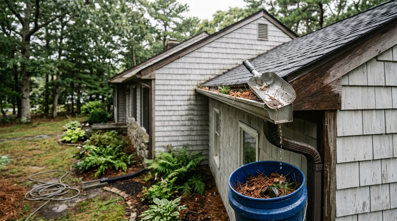 A Rossetti Roofing crew member removing compacted leaves and debris from a residential gutter on a single-family home in Absecon, NJ. The cleaned gutter section shows clear, open channels ready to direct water away from the roofline and foundation.