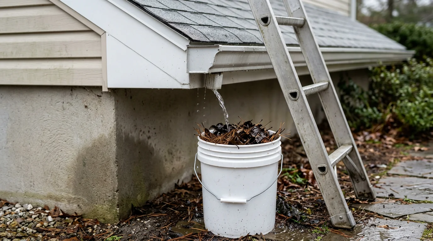A Rossetti Roofing crew member clearing packed leaves and debris from a residential gutter on a single-family home in Absecon, NJ. The cleaned gutter section shows open, unobstructed flow toward a downspout.