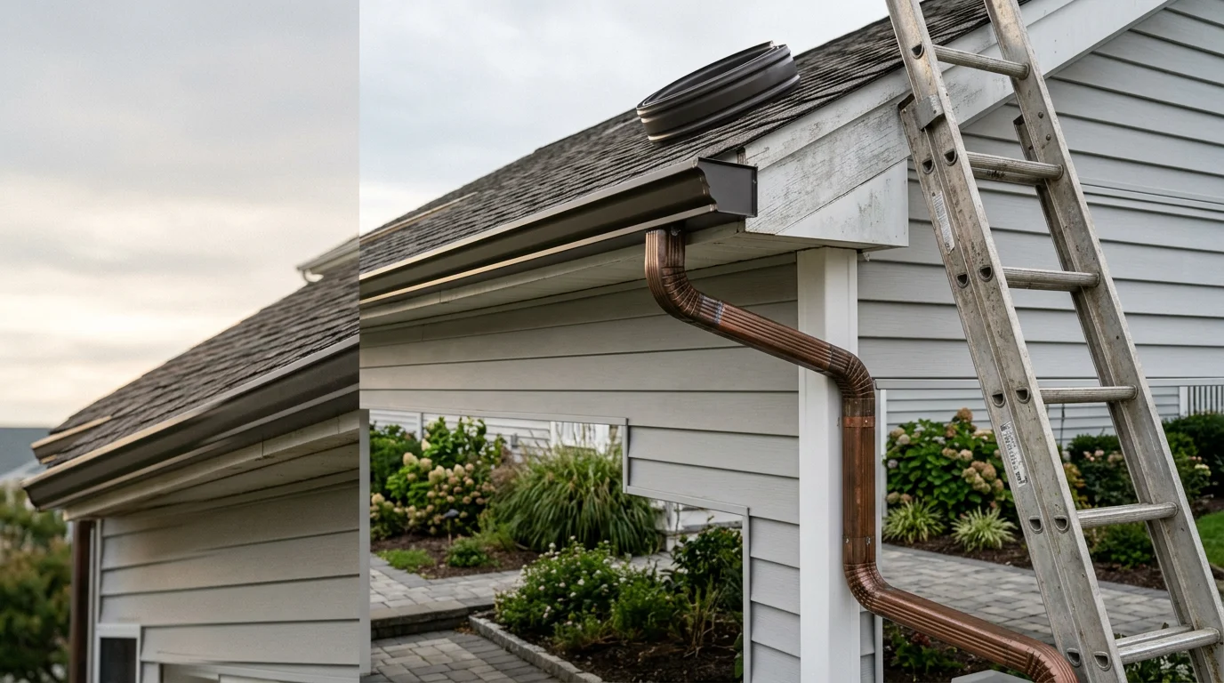 Newly installed gutters on a single-family home in Absecon, New Jersey, with downspouts routed away from the foundation along a residential street. Close-up view shows the gutter system fitted flush against the fascia board on a South Jersey coastal home.