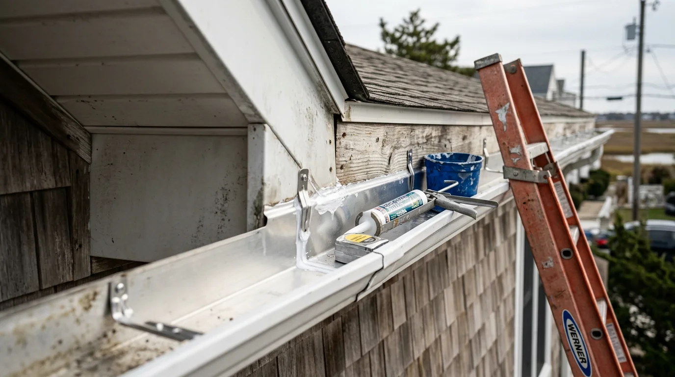 A Rossetti Roofing technician repairing a sagging gutter section on a residential home in Absecon, NJ, with the fascia board and roofline visible in the background. The repaired gutter run is re-secured and properly pitched to drain away from the home's foundation.