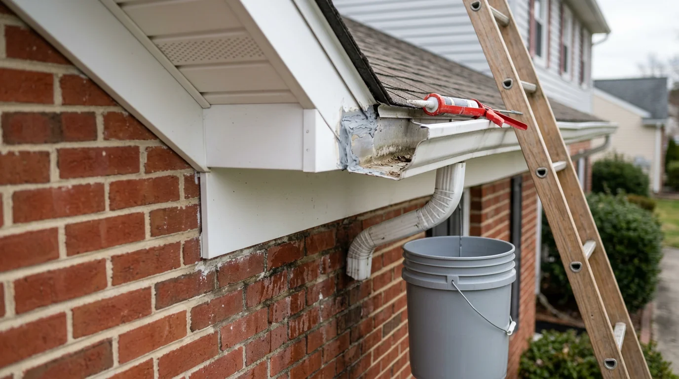 A Rossetti Roofing crew member repairing a sagging gutter section on a residential home in Absecon, NJ. The repaired gutter runs along the roofline with the downspout directed away from the home's foundation.