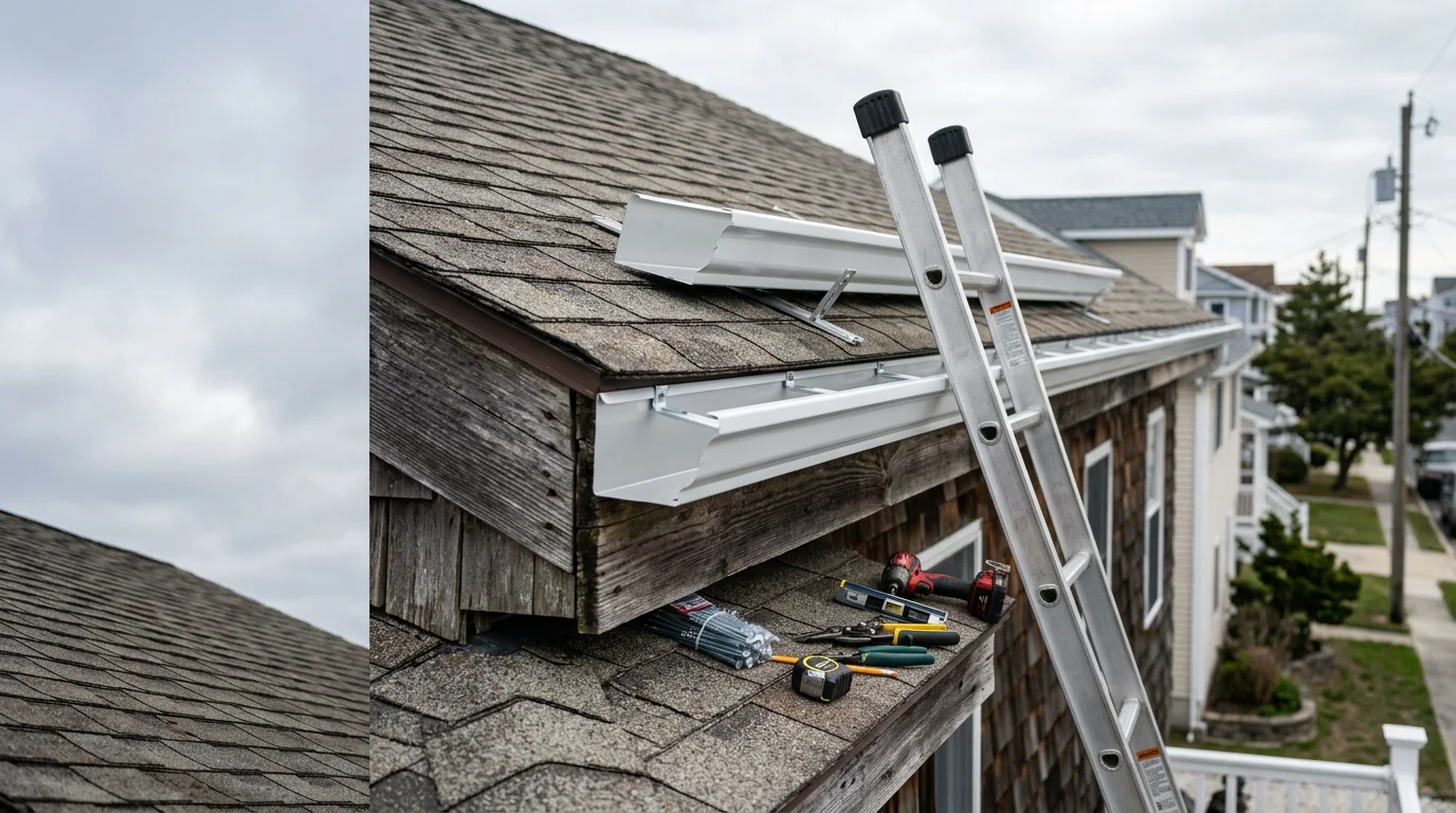 New gutters installed along the roofline of a residential home in Absecon, New Jersey, with clean fascia and properly angled downspouts directing water away from the foundation. Close-up view shows a freshly completed gutter replacement on an Atlantic County home after removal of a corroded, sagging system.