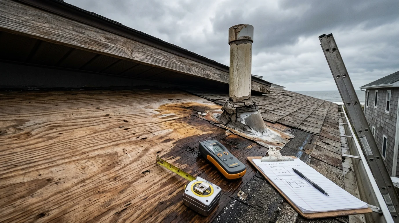 A roofing contractor inspecting damaged flashing and shingles on a residential roof in Absecon, New Jersey. Water staining is visible on the roof deck near a chimney transition point on a coastal Atlantic County home.
