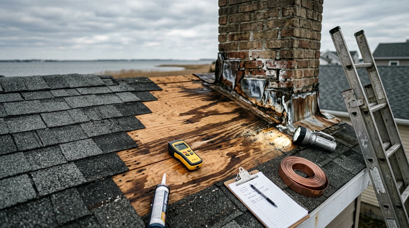 A Rossetti Roofing crew member inspecting a leaky roof on a residential home in Absecon, New Jersey, with visible coastal sky in the background. Close-up view of damaged flashing and shingles along a roofline typical of Atlantic County homes.