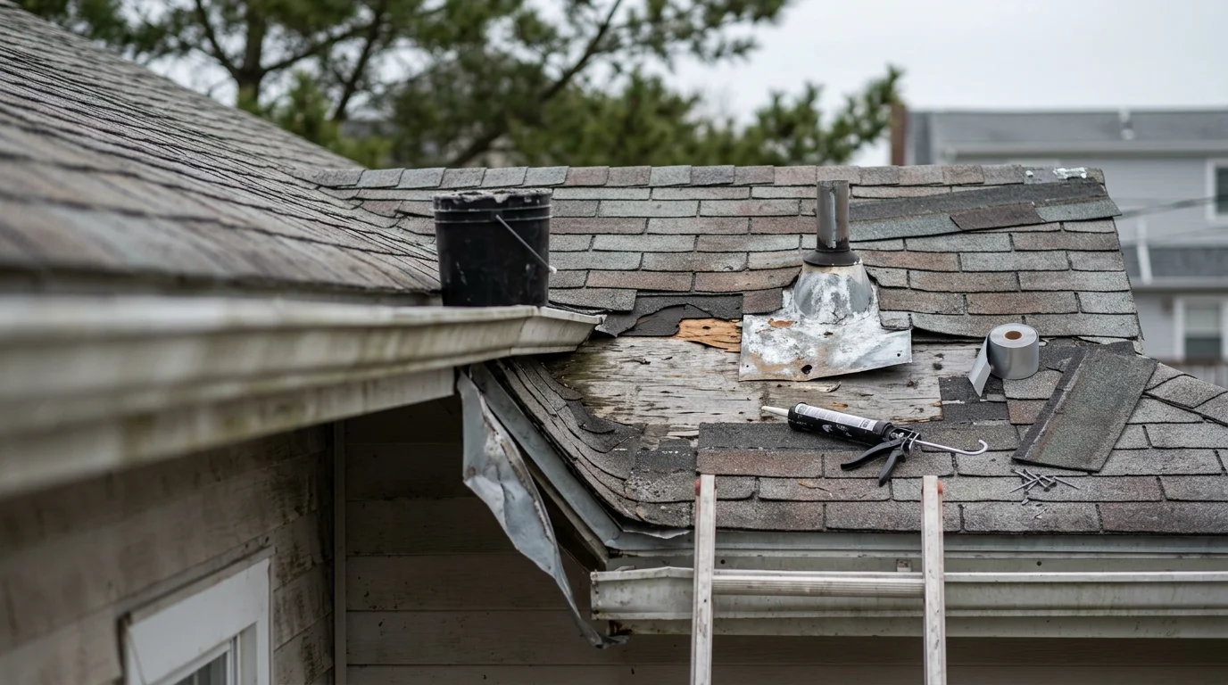 A Rossetti Roofing crew member replacing damaged shingles and resealing flashing on a residential roof in Absecon, New Jersey. The repair targets a small section of wind-lifted shingles near the roofline on a coastal Atlantic County home.