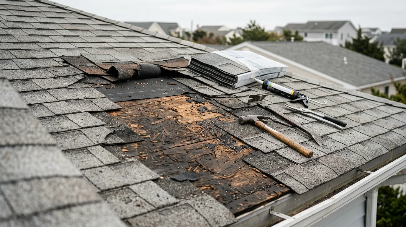 Close-up view of a residential roof in Absecon, NJ showing several missing shingles with exposed underlayment visible between intact surrounding shingles. A Rossetti Roofing contractor inspects the damaged area from the roof surface.