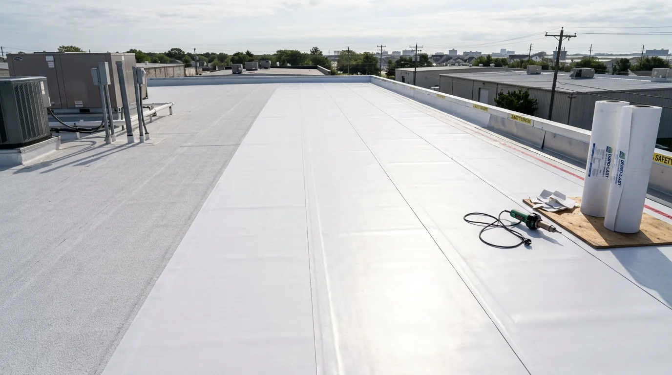 A completed PVC roofing installation on a flat-roof commercial building in Absecon, NJ, showing a smooth white reflective membrane with clean heat-welded seams and properly sealed roof edges.