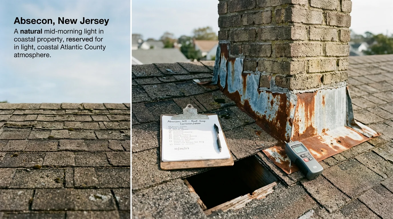 A Rossetti Roofing contractor inspecting the shingles and flashing on a residential roof in Absecon, NJ. The image shows a close-up view of the roof surface with the Atlantic County coastal landscape visible in the background.