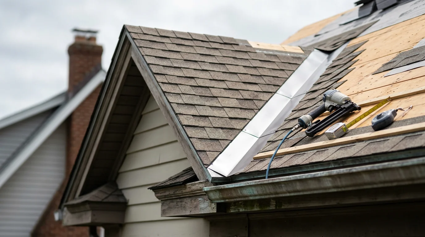 A newly installed roof on a single-family home in Absecon, New Jersey, with clean ridge lines and fresh roofing material visible against a coastal sky. The home sits in a residential neighborhood typical of Atlantic County's South Jersey shore communities.