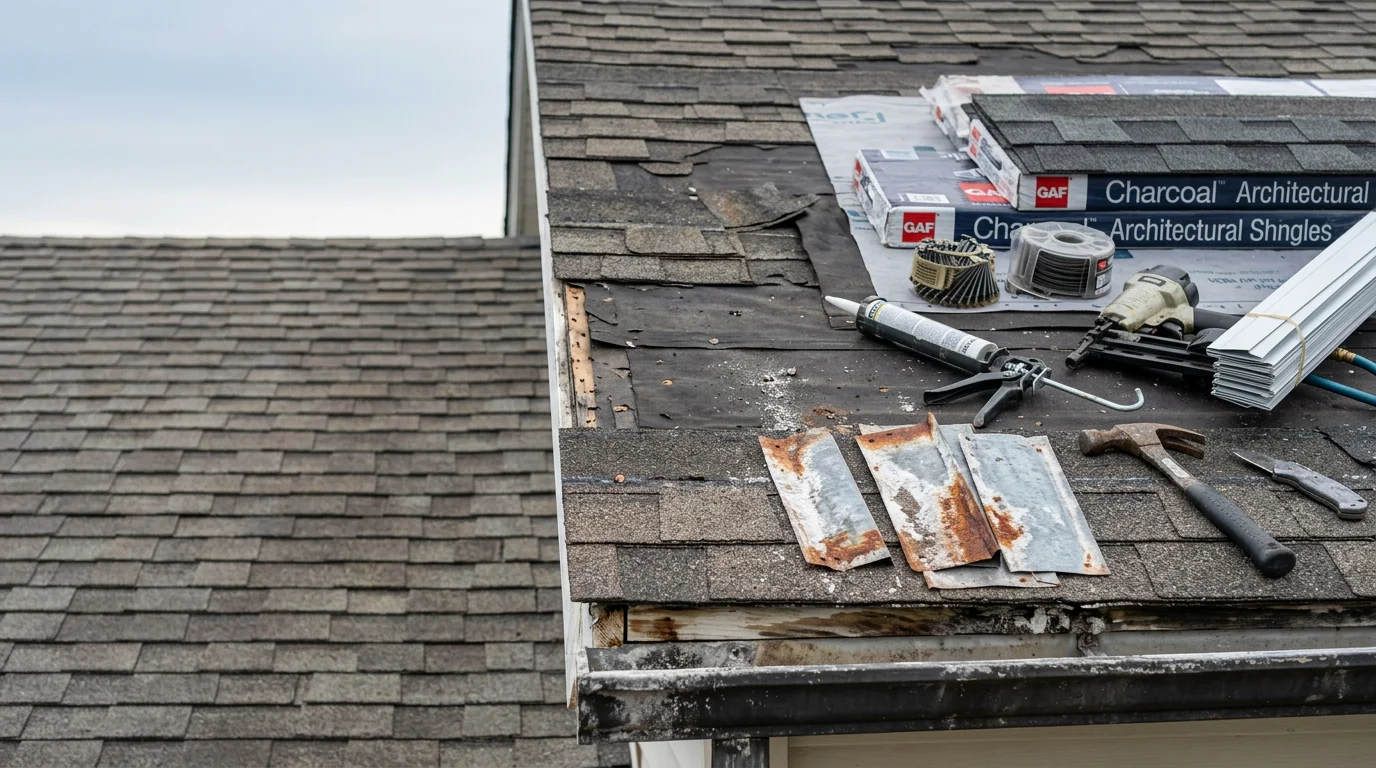 A Rossetti Roofing crew member inspecting storm-damaged shingles on a residential roof in Absecon, NJ, with visible lifted edges and worn flashing along the roofline.