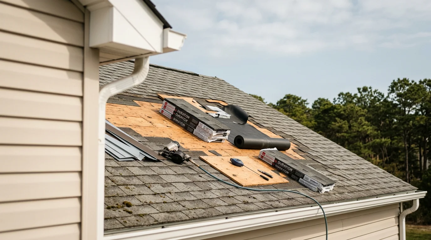 A completed roof replacement on a single-family home in Absecon, New Jersey, showing a clean roofline with new roofing material installed over a freshly inspected deck. The home sits in a residential neighborhood typical of Atlantic County's South Jersey shore communities.