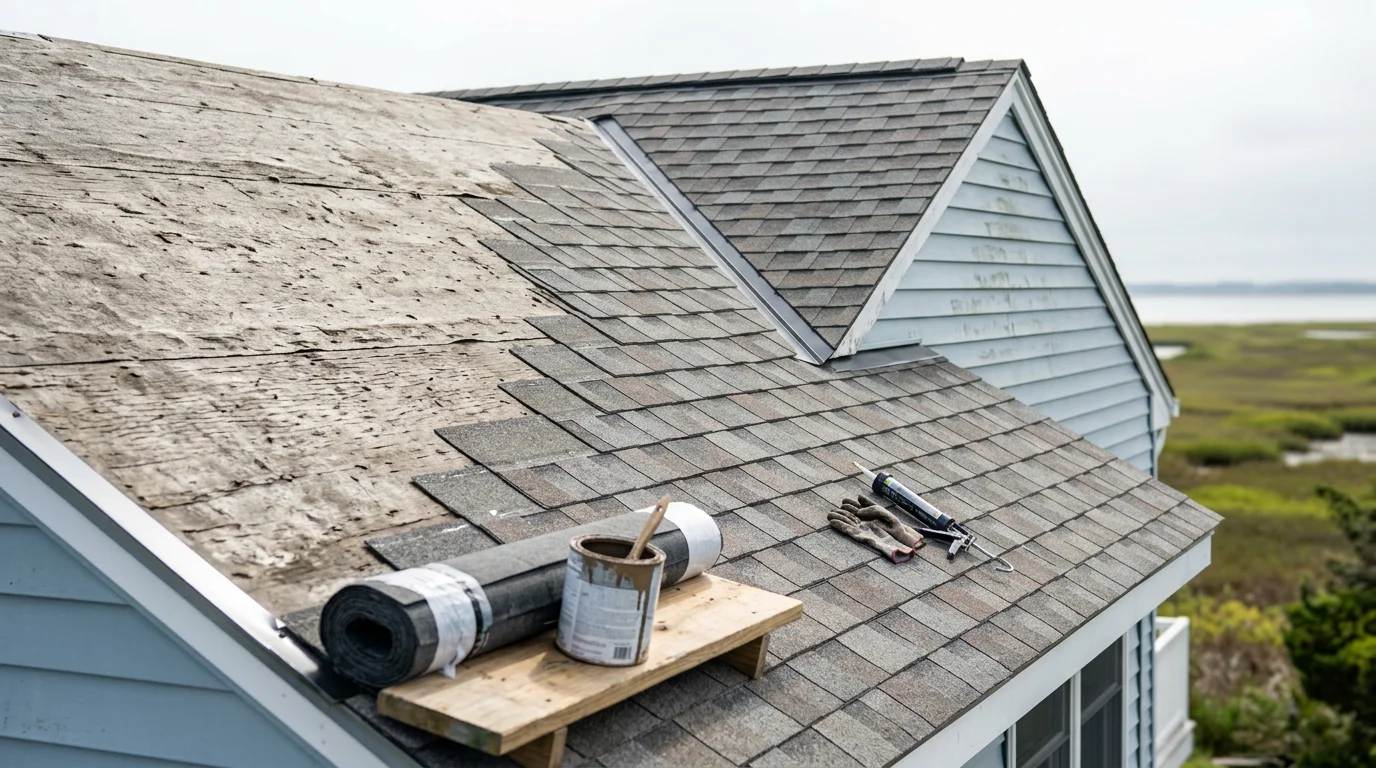 A completed residential roof replacement on a single-family home in Absecon, NJ, showing new asphalt shingles with properly installed ridge and flashing details. The surrounding neighborhood and coastal sky are visible in the background.