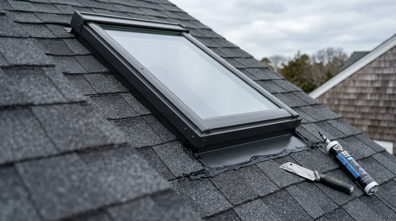 A roofing window installed flush into a residential roof in Absecon, New Jersey, with clean flashing and sealed edges visible against asphalt shingles. The surrounding roofline shows no gaps or lifted material, reflecting a finished installation suited to coastal Atlantic County conditions.