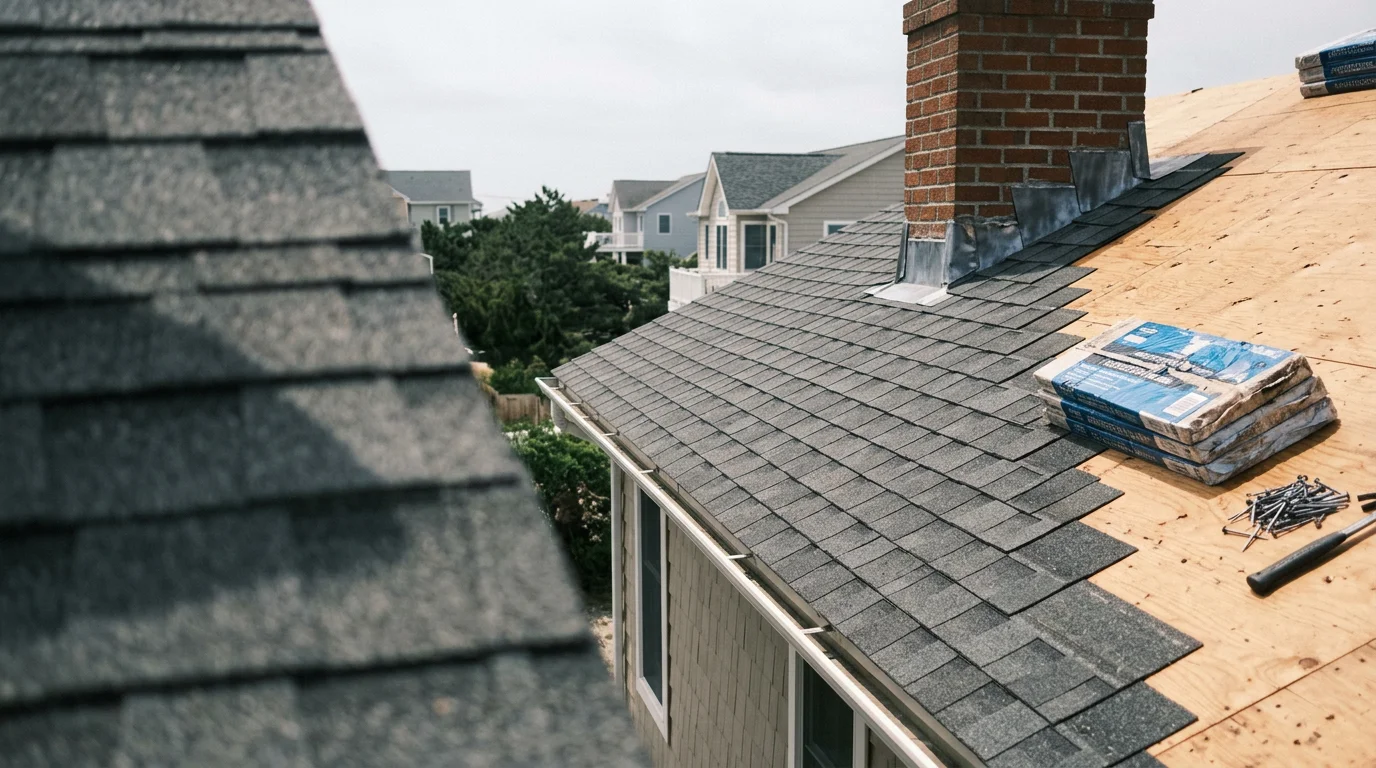 A newly completed shingle roof installation on a residential home in Absecon, New Jersey, showing clean shingle lines and finished ridge detail. The home sits in a coastal Atlantic County neighborhood under clear skies.