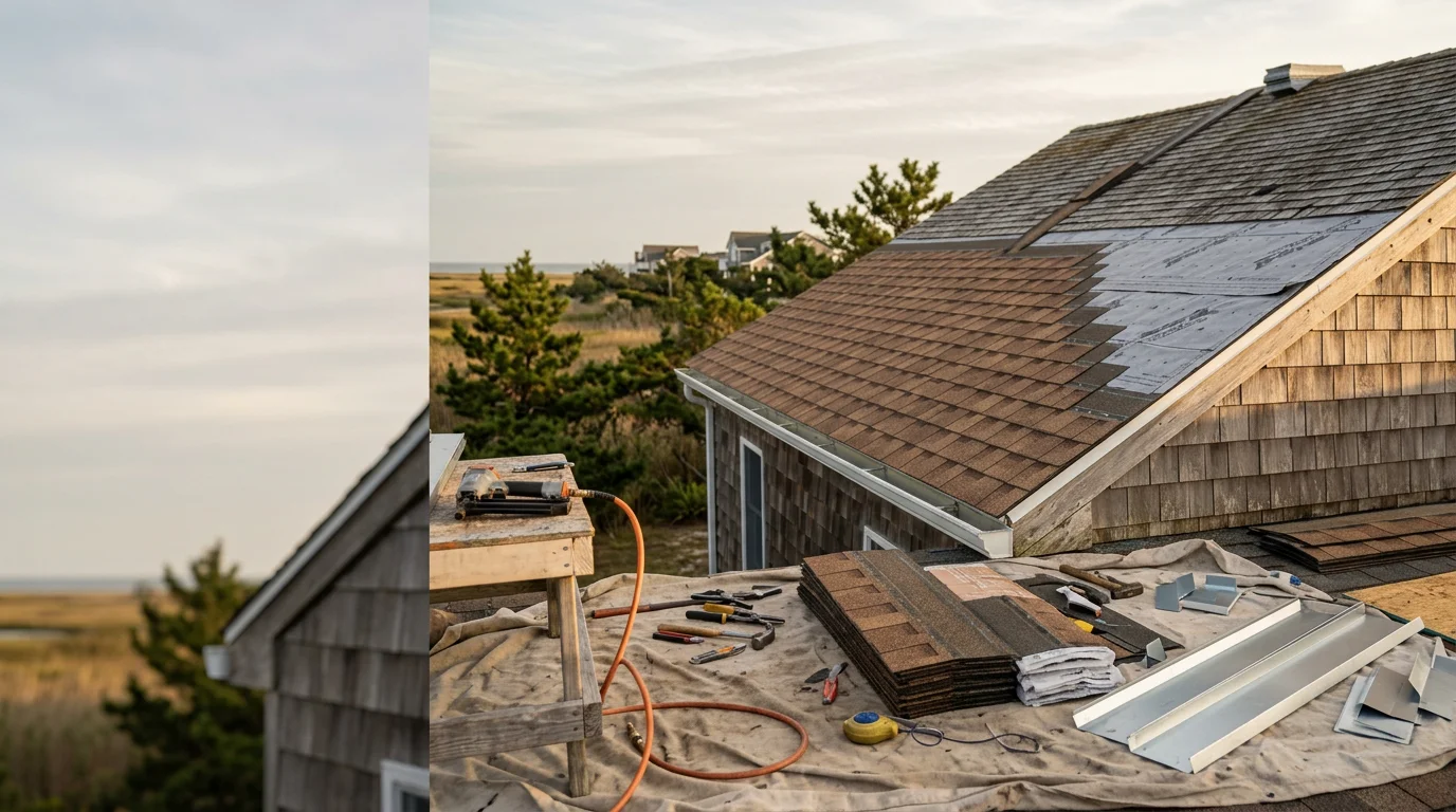 A completed shingle roof on a residential home in Absecon, NJ, showing uniform shingle alignment and properly finished ridge and flashing details. The home sits in a South Jersey shore community where coastal wind and salt air are common roofing factors.