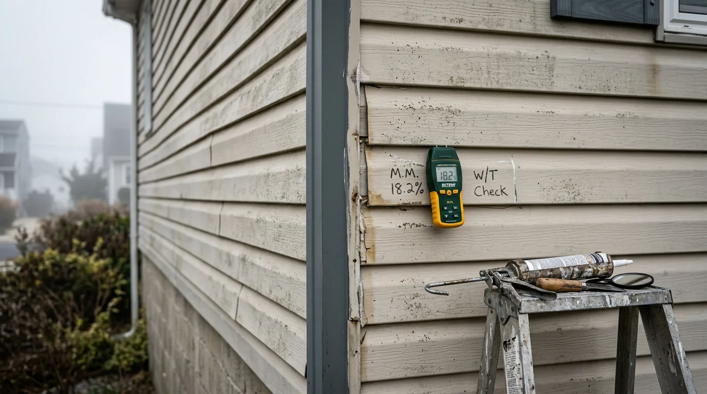 A Rossetti Roofing contractor inspecting the exterior siding panels and trim of a residential home in Absecon, New Jersey. Close-up view shows the technician examining seams and flashing along a coastal-area home's facade.