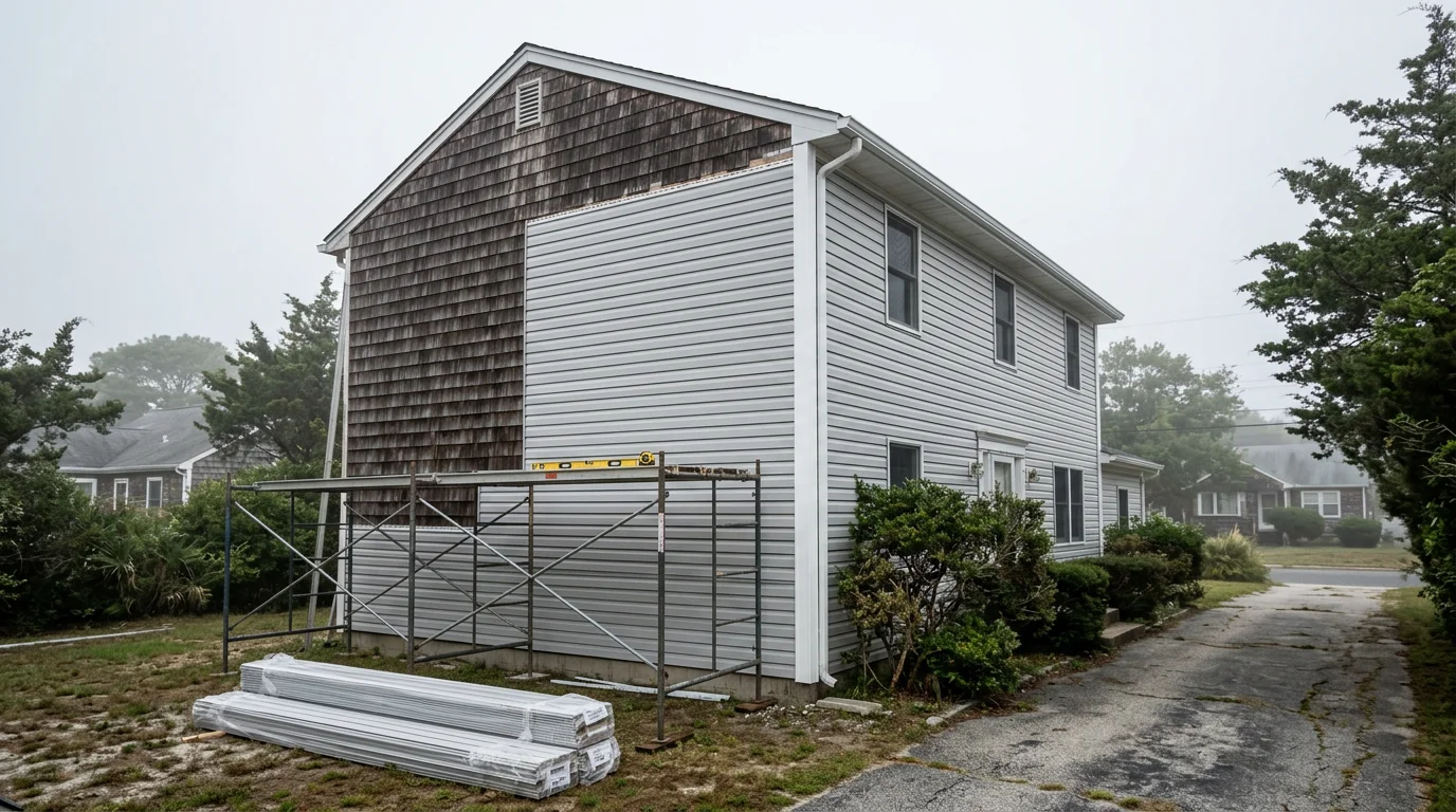 Freshly installed siding on a single-family home in Absecon, New Jersey, with clean panel lines and a tight fit along the exterior walls. The coastal residential streetscape is visible in the background.
