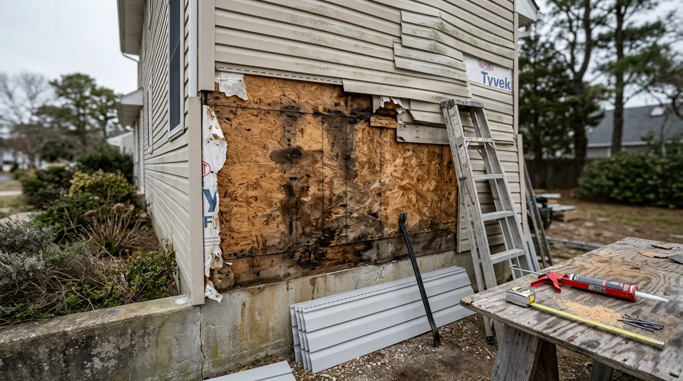 Close-up of repaired exterior siding panels on a residential home in Absecon, New Jersey, showing sealed seams and restored panel alignment along the coastal-facing wall.