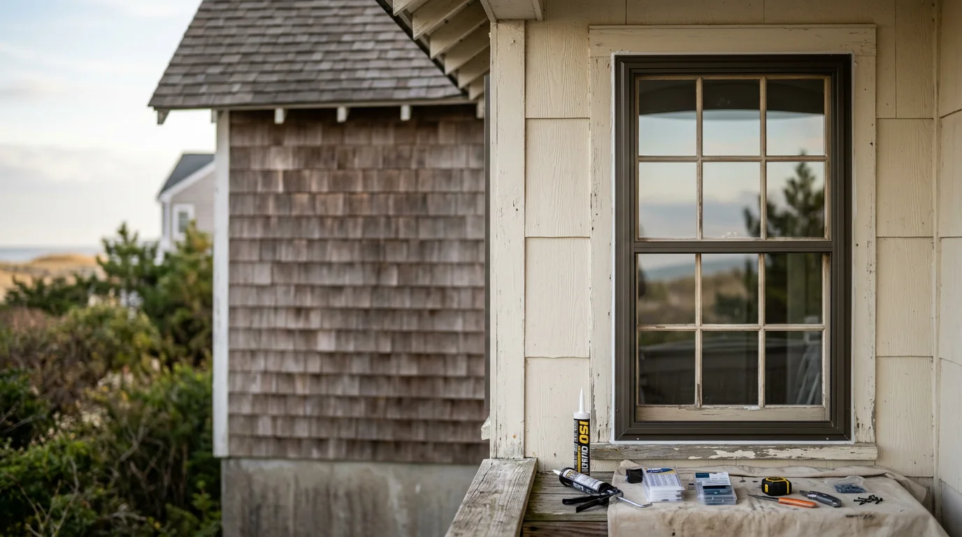 A storm window installed over an existing wood frame on a coastal New Jersey home in Absecon, with the Atlantic County shoreline visible in the background. The window shows a tight seal along the frame edges with no visible gaps.