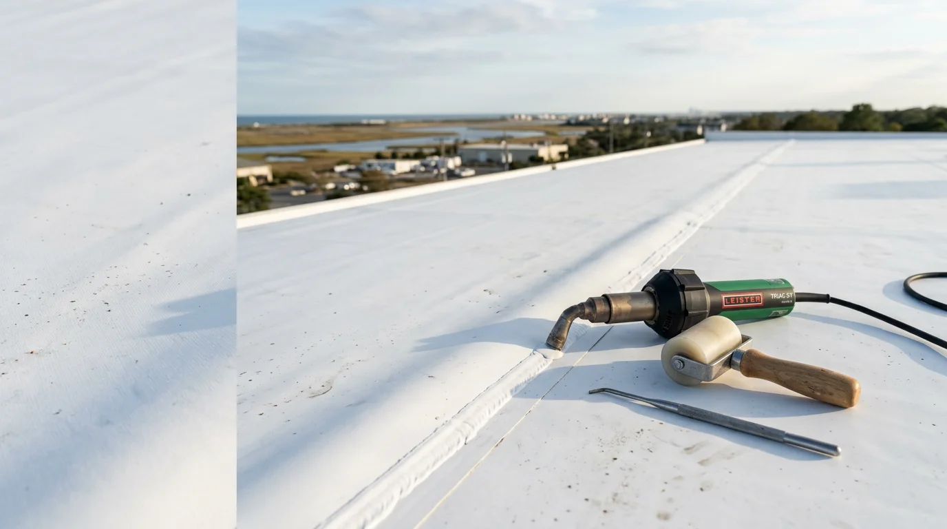 A completed TPO roofing installation on a flat-roof commercial building in Absecon, New Jersey, showing a clean white reflective membrane with heat-welded seams and finished edge flashing. The surrounding Atlantic County coastal landscape is visible in the background.