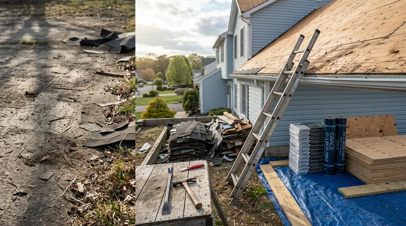 A completed whole roof replacement on a single-family home in Absecon, New Jersey, showing fresh roofing materials installed from ridge to eave. The home sits in a residential neighborhood typical of Atlantic County's mainland communities.