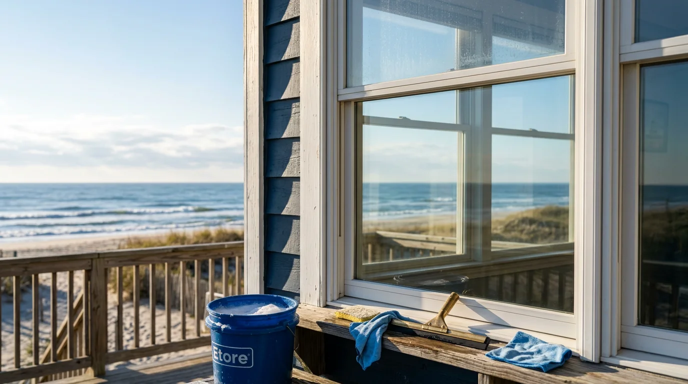 A Rossetti Roofing technician cleaning the exterior windows of a residential home in Absecon, NJ, with clear glass reflecting the coastal sky after salt film and grime removal.