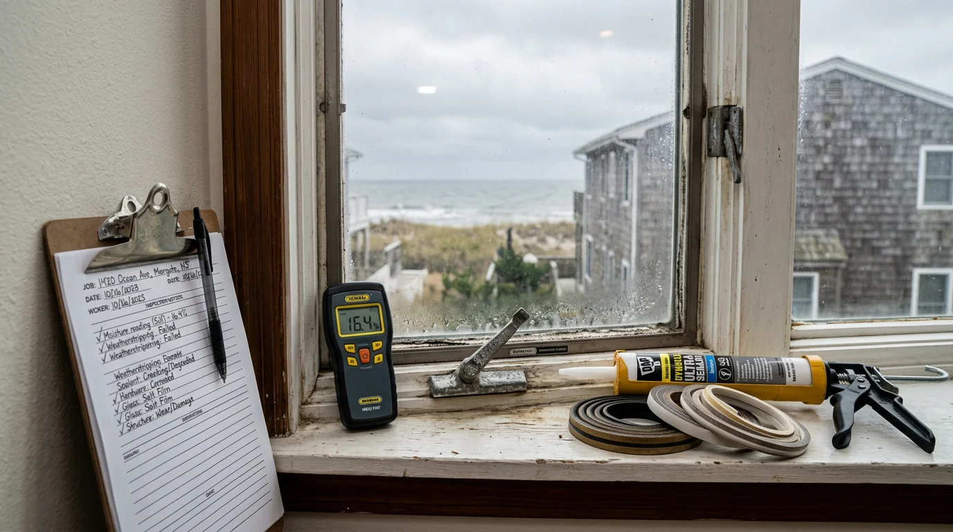 A Rossetti Roofing technician examining a window frame on a residential home in Absecon, New Jersey, checking seals and weatherstripping for salt-air wear and moisture damage.