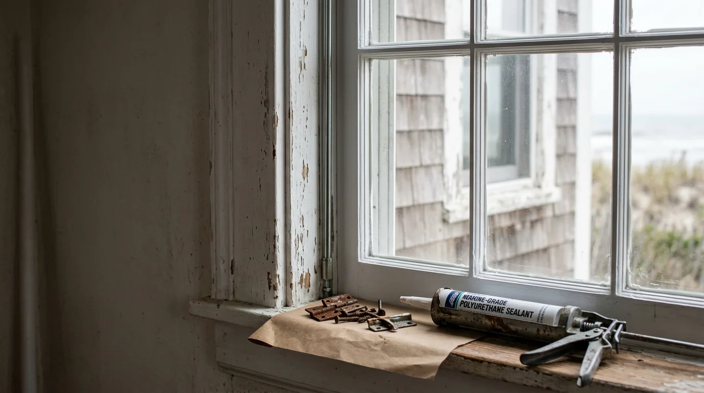 A repaired double-hung window on a coastal home in Absecon, New Jersey, showing a clean glass pane and intact frame seal. A Rossetti Roofing technician inspects the sash hardware from the exterior.