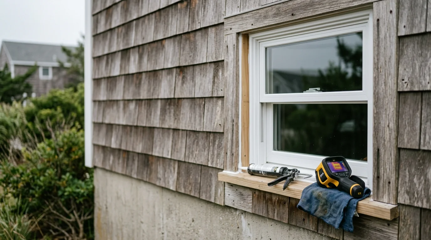 A freshly installed replacement window on a residential home in Absecon, New Jersey, with clean exterior trim and a tight frame seal visible against the coastal surroundings. The old window has been fully removed and the new unit sits flush with the exterior wall.